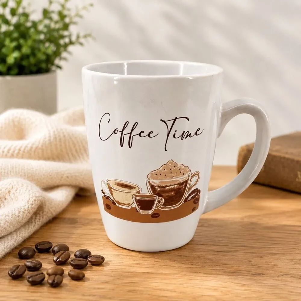 Coffee Time Ceramic Mug Double Sided Coffee Lover Cup Kitchen Decor NWT